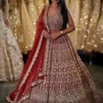 Deep Crimson Red Velvet Off-Shoulder Zardosi Embroidered Bridal Lehenga