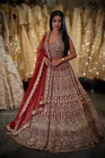 Deep Crimson Red Velvet Off-Shoulder Zardosi Embroidered Bridal Lehenga