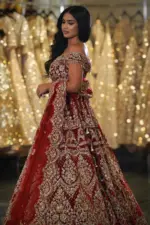 Deep Crimson Red Velvet Off-Shoulder Zardosi Embroidered Bridal Lehenga - Image 2
