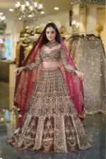 Dusty Mauve Architectural & Peacock Embroidered Bridal Lehenga