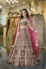 Dusty Mauve Architectural & Peacock Embroidered Bridal Lehenga - Image 2