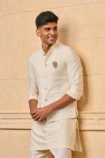 Ivory Sherwani In Thread And Gota Work - Image 2