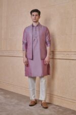 Pink Paisley Brocade Kurta Bundi Set - Image 2